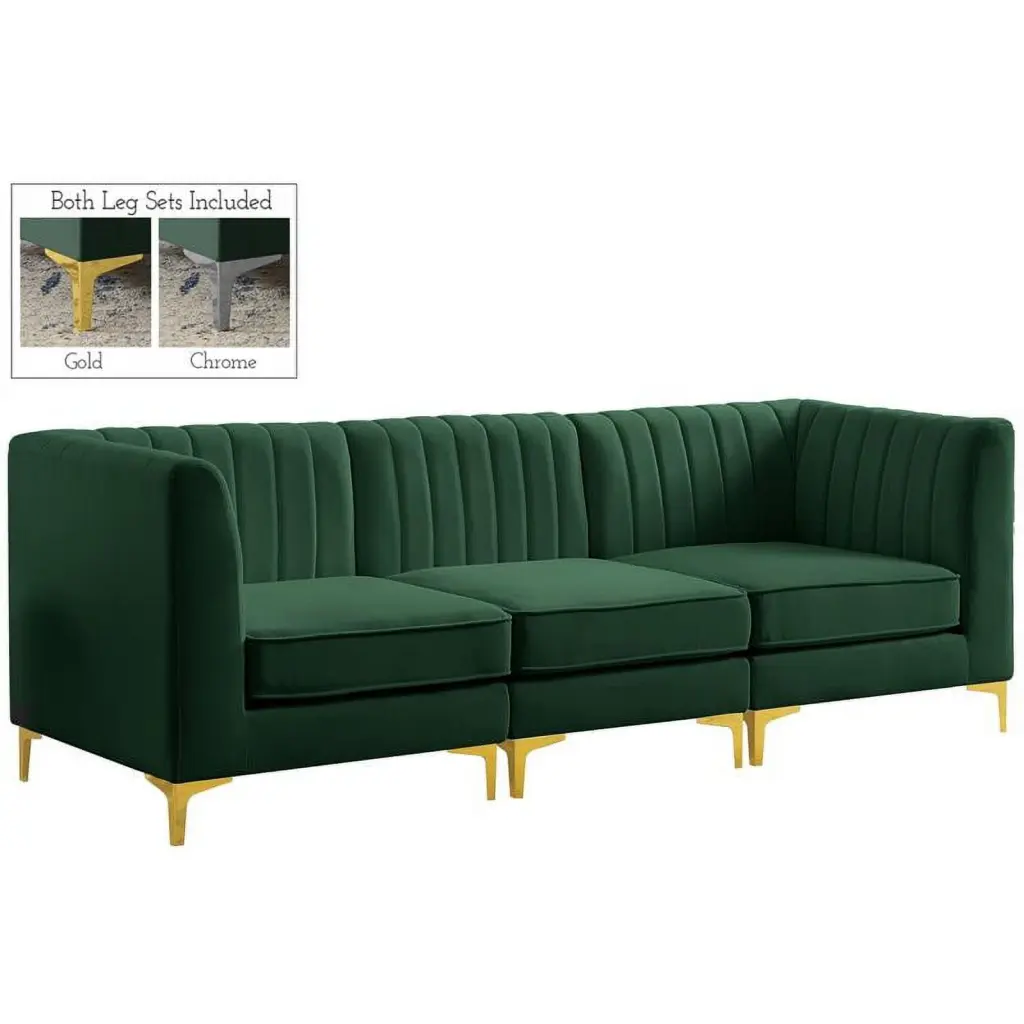 Meridian Furniture Alina Modular Sectional - Green Velvet Upholstery - Modern Living Room Sofa