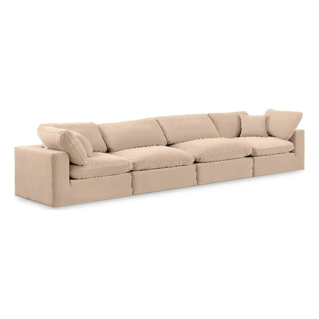 Meridian Furniture Comfy Beige Velvet 4-Piece Modular Sofa Living Room