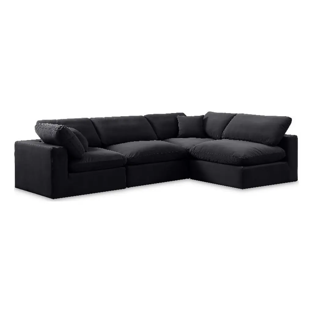 Meridian Furniture Comfy Black Velvet 4-Piece Modular Sectional Sofa Living Room
