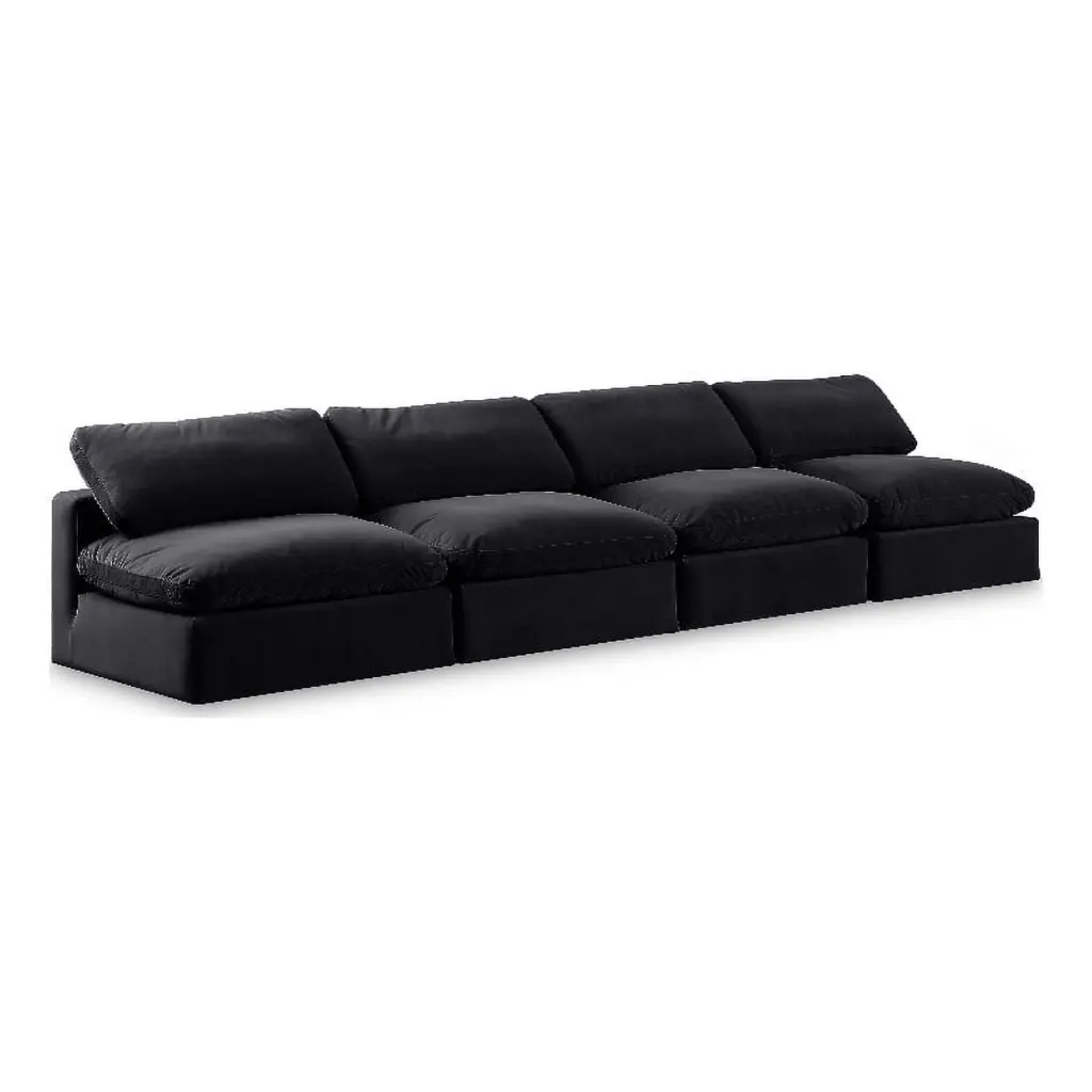 Meridian Furniture Comfy Black Velvet 4-Piece Modular Sofa Living Room
