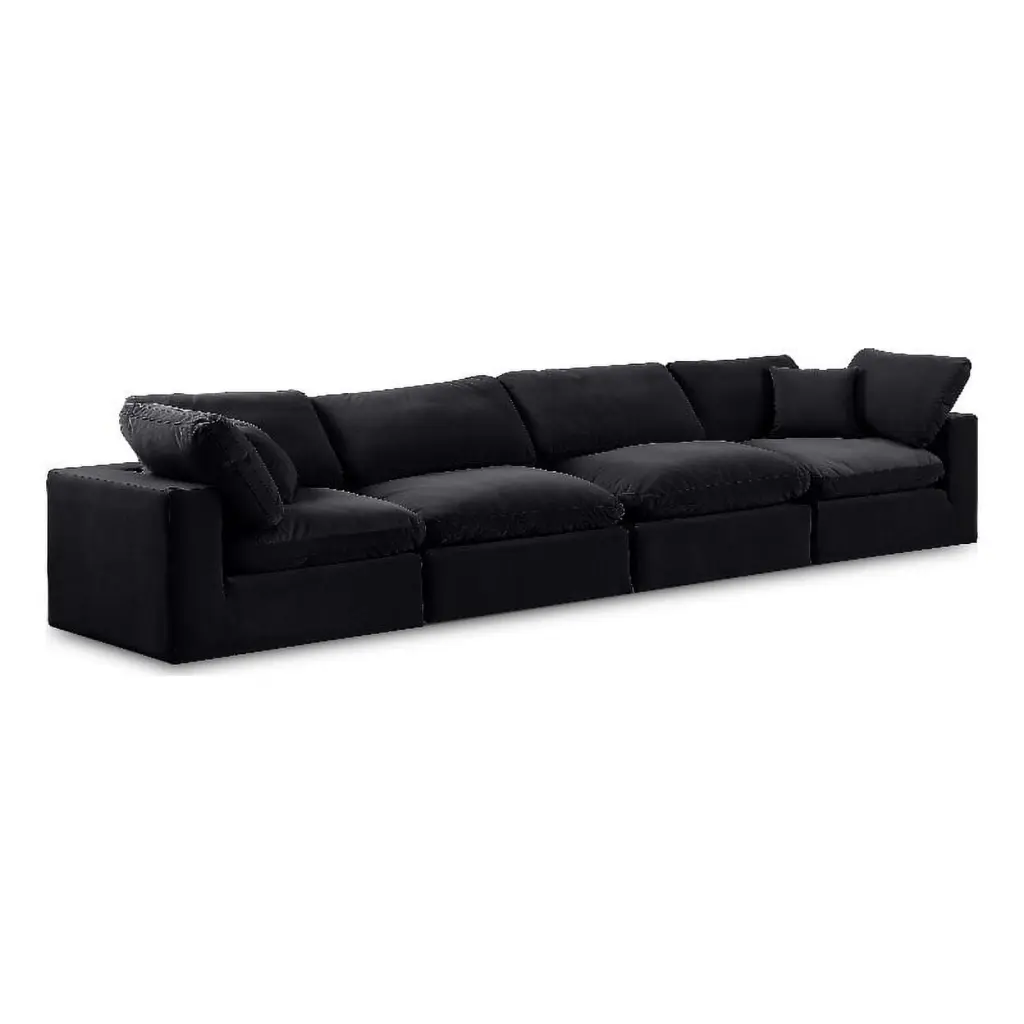 Meridian Furniture Comfy Black Velvet 4-Piece Modular Sofa Modern Living Room