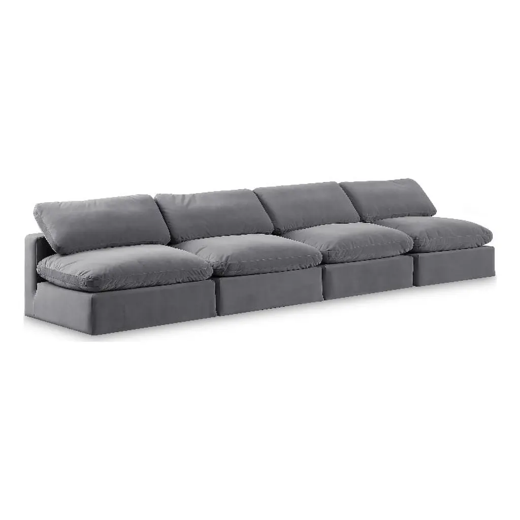 Meridian Furniture Comfy Grey Velvet 4-Piece Modular Sofa Living Room