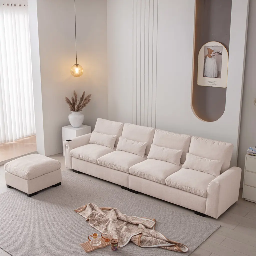 Miekor Furniture 114.5 Modern Modular L Shaped Chenille Sofa Reversible Ottoman Storage USB Ports Cup Holder