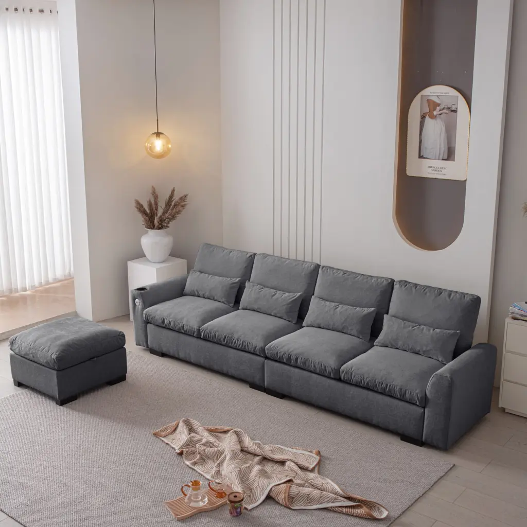 Miekor Furniture 114.5 Modern Modular L Shaped Chenille Sofa Reversible Ottoman Storage USB Ports Cup Holder BS3996