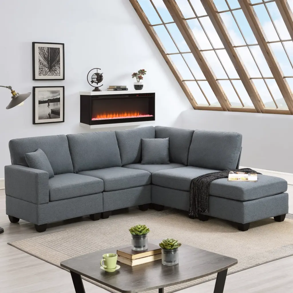 Miekor Furniture 89.8x60.2 Modern Sectional Sofa 5-Seat Modular Couch Set Convertible Ottoman L-Shape Linen Fabric Corner ...