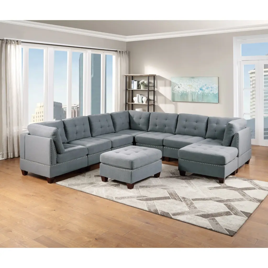 Miekor Furniture 9pc Modular Sectional Set Gray Linen Fabric and Ottomans