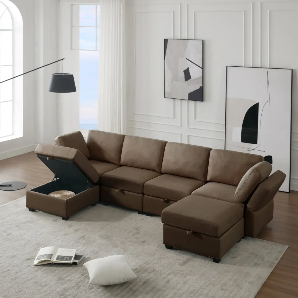 Miekor Furniture Adjustable Arms and Backs Modern U-Shape Linen Modular Sectional Sofa Storage