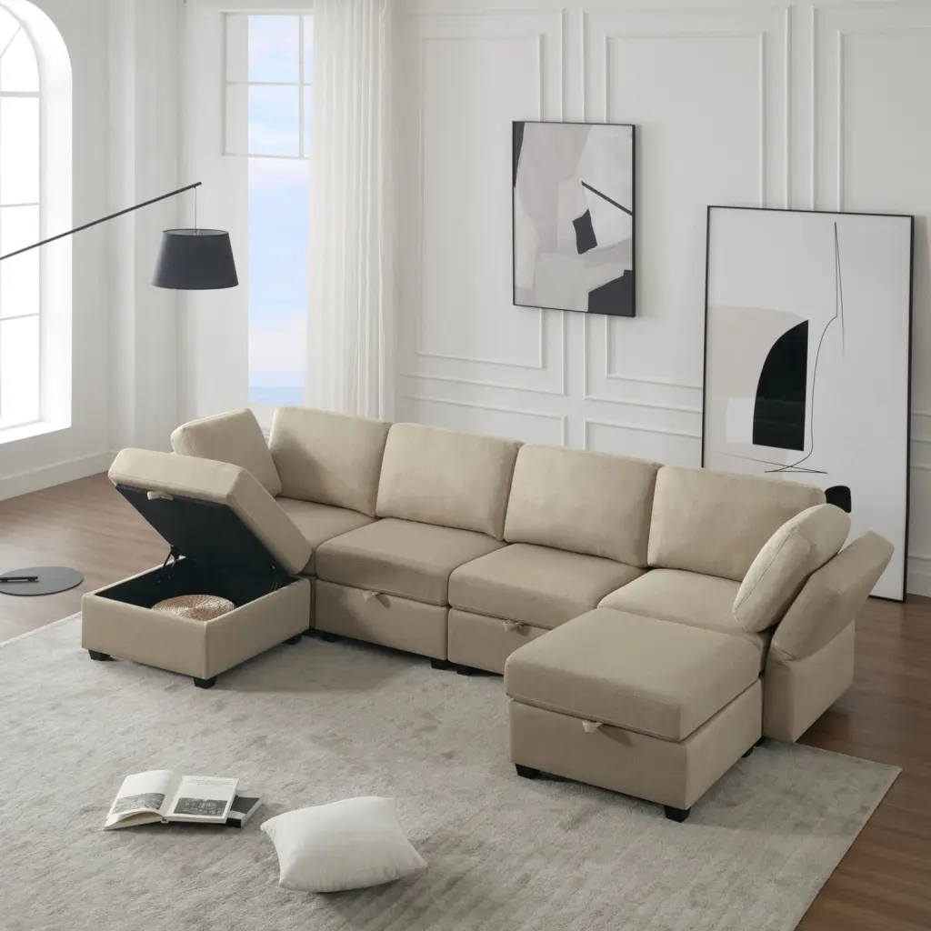 Miekor Furniture Adjustable Arms and Backs Modern U-Shape Linen Modular Sectional Sofa Storage Seat Beige B3A624
