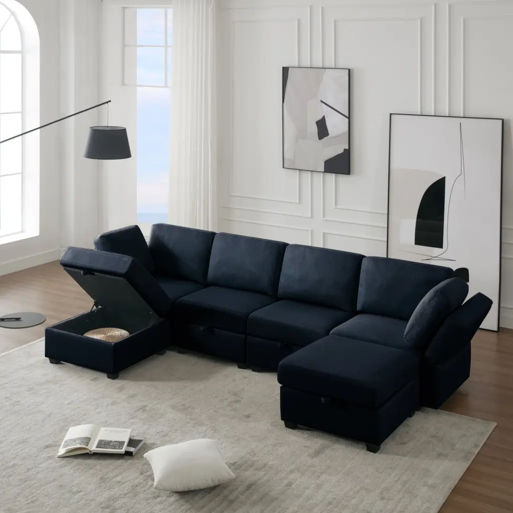 Miekor Furniture Adjustable Arms and Backs Modern U-Shape Linen Modular Sectional Sofa Storage Seat Blue B3A945