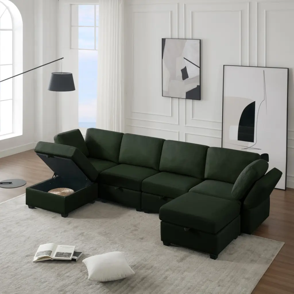 Miekor Furniture Adjustable Arms and Backs Modern U-Shape Linen Modular Sectional Sofa Storage Seat Green B3A747
