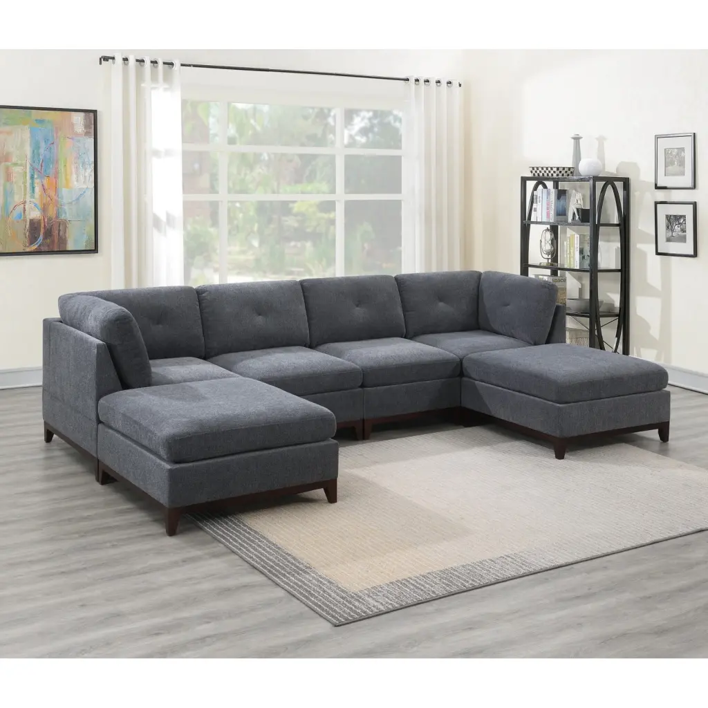 Miekor Furniture Ash Grey Chenille Fabric Modular Sectional 6pc Set - L-Shape Design, Tufted Back