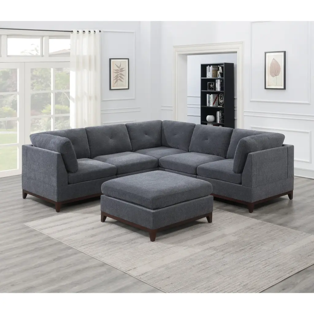 Miekor Furniture Ash Grey Chenille Fabric Modular Sectional 6pc Set Ottoman