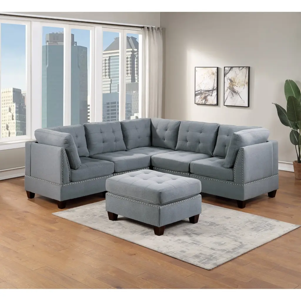 Miekor Furniture Gray Linen Modular Sectional 6pc Set Tufted Nail Heads