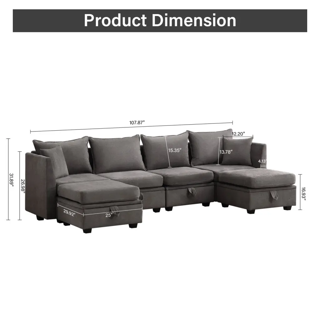 Miekor Furniture Grey Modular Sectional Sofa - 6 Seater Convertible Sofa Storage