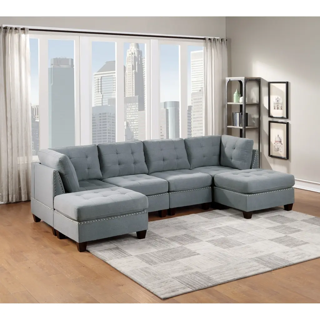 Miekor Furniture Modular Sectional 6pc Set Gray Linen U-Sectional Couch Ottomans