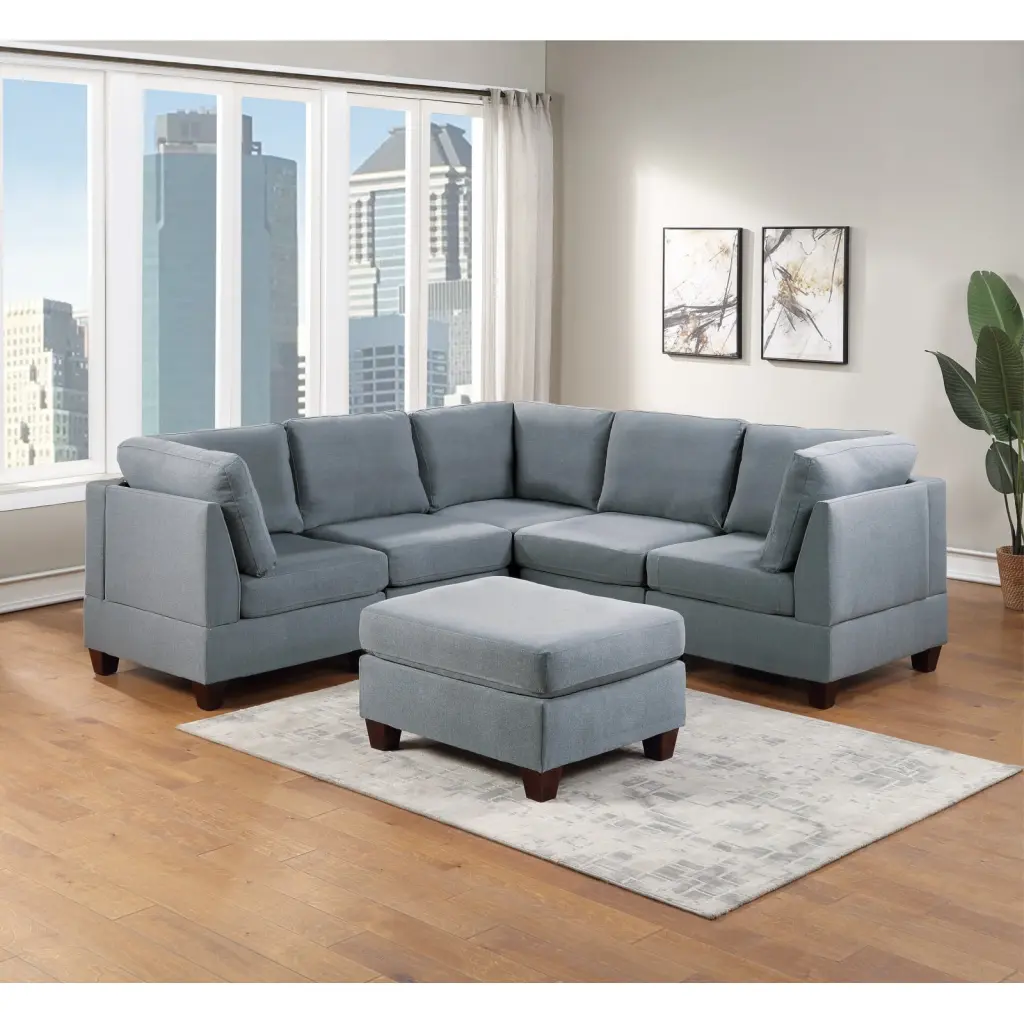 Miekor Furniture Modular Sectional 6pc Set Grey Linen Like Fabric 3x Corner Wedge 2x Armless Chairs 1x Ottoman