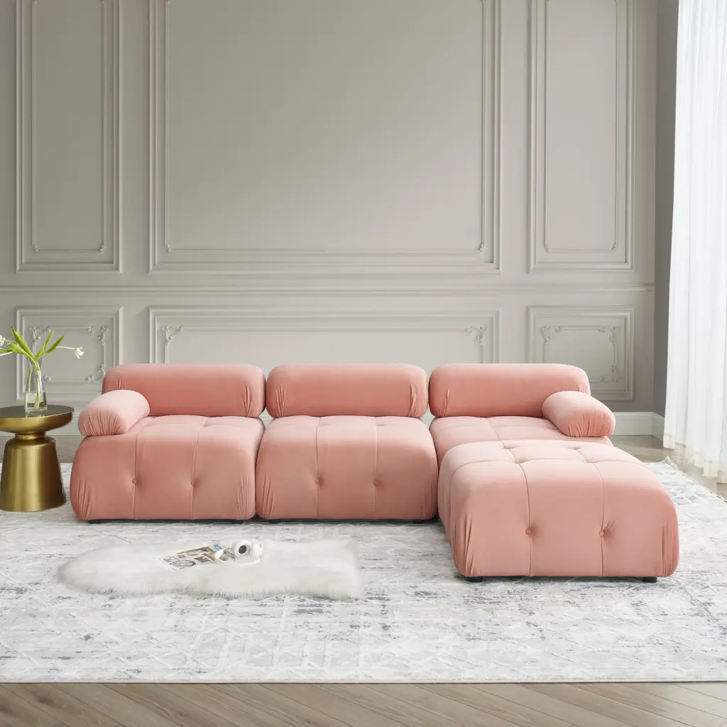 Miekor Furniture Pink Velvet Modular Sectional Sofa Reversible Ottoman and Button Tufted Design