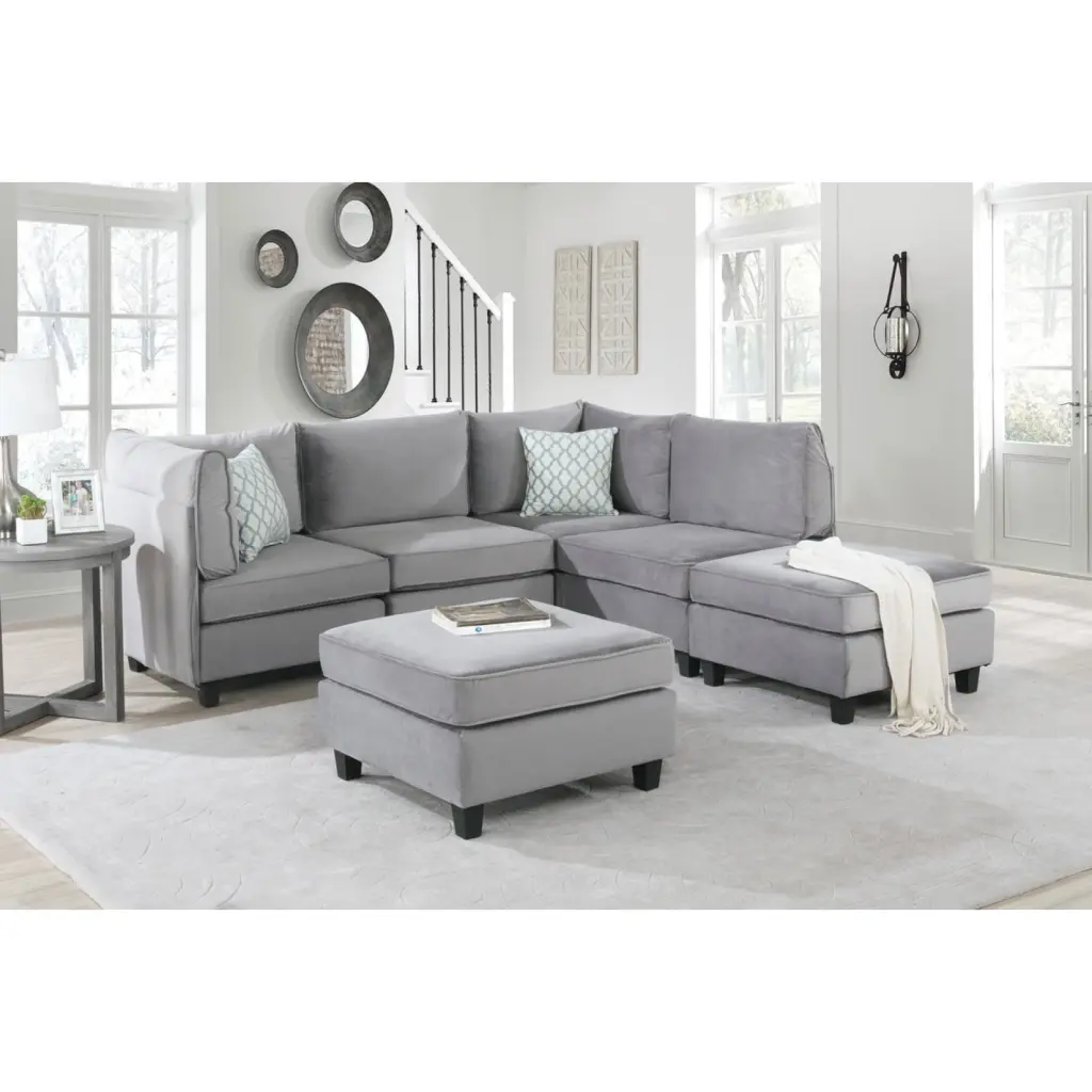 Miekor Furniture Simona 90 Gray Velvet 6-Piece Modular Sectional Sofa Living Room
