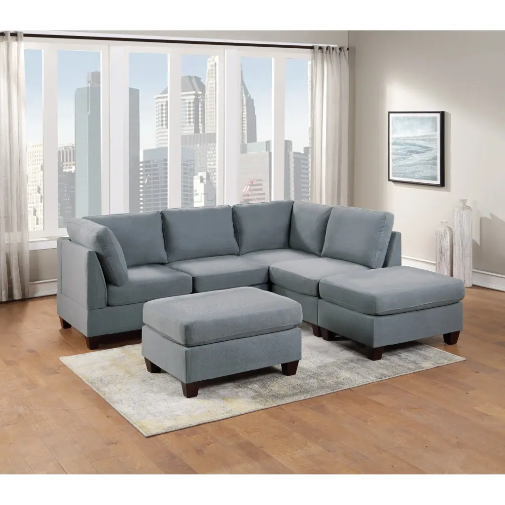 Miekor Modular Sectional 6pc Set - L-Shaped Grey Linen Fabric Sofa 2 Corner Wedges and 2 Ottomans
