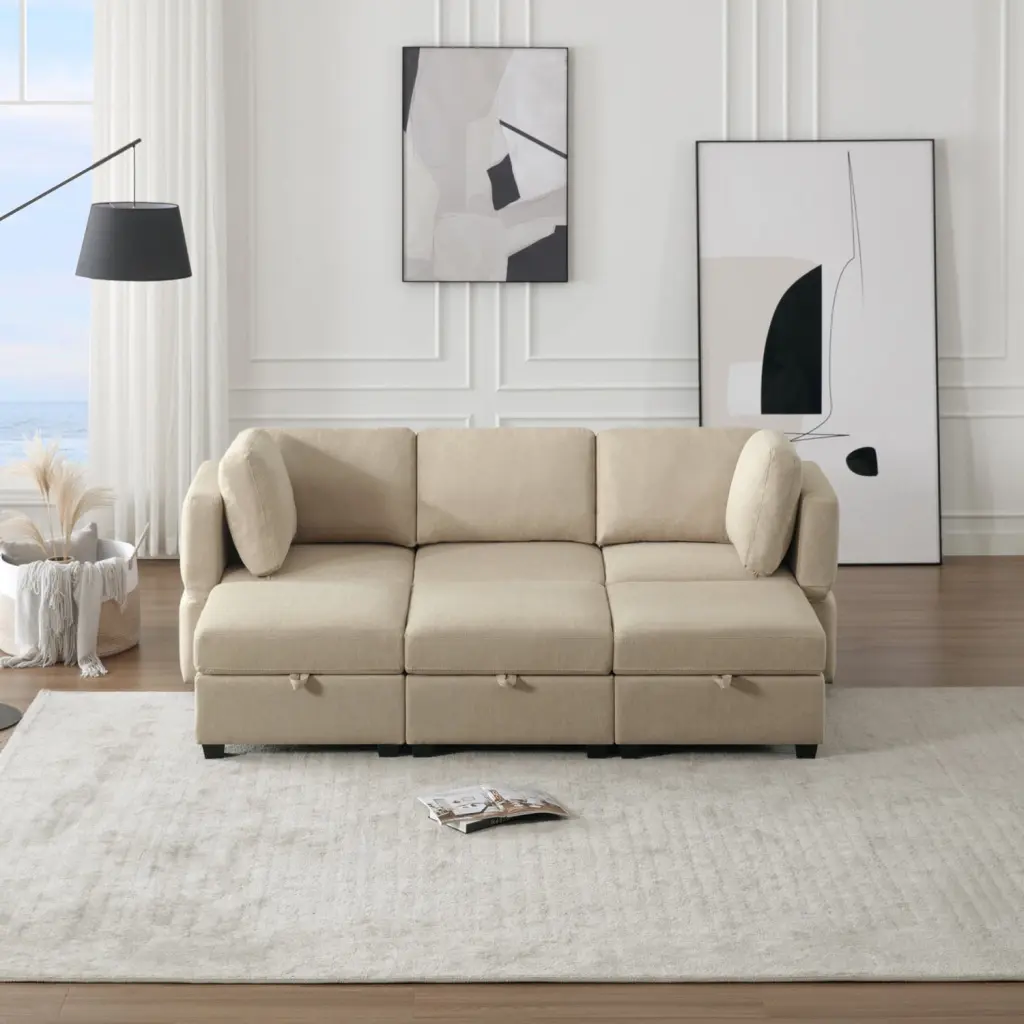 Miekor Modular Sectional Sofa Couch Bed Storage 6 Seater Sleeper Sofa Reversible Chaise Ottomans Adjustable Arms Beige