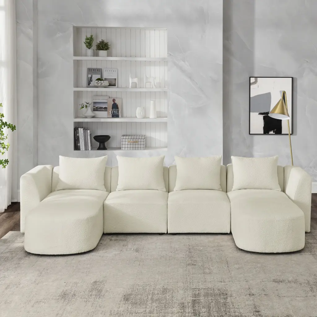 U Shape Sectional Sofa Two Single Seats and Two Chaises Modular DIY Combination Loop Yarn Fabric Beige Miekor