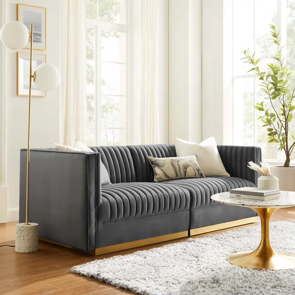 Modway Sanguine Channel Tufted Modular Sectional Sofa - Performance Velvet Upholstery - Gray Loveseat
