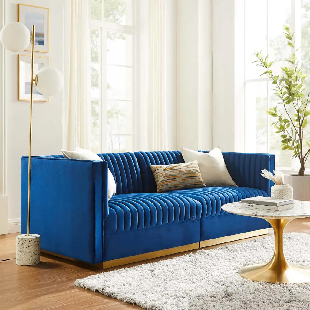 Modway Sanguine Channel Tufted Modular Sectional Sofa - Performance Velvet Upholstery - Navy Loveseat