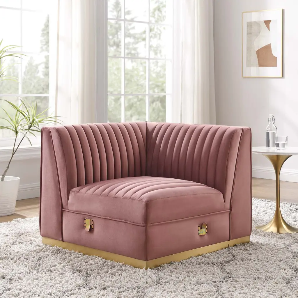 Modway Sanguine Channel Tufted Performance Velvet Modular Sectional Sofa Left Corner Chair Dusty Rose