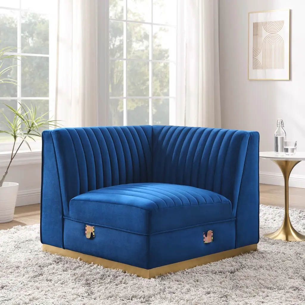 Modway Sanguine Channel Tufted Performance Velvet Modular Sectional Sofa Right Corner Chair Navy Blue