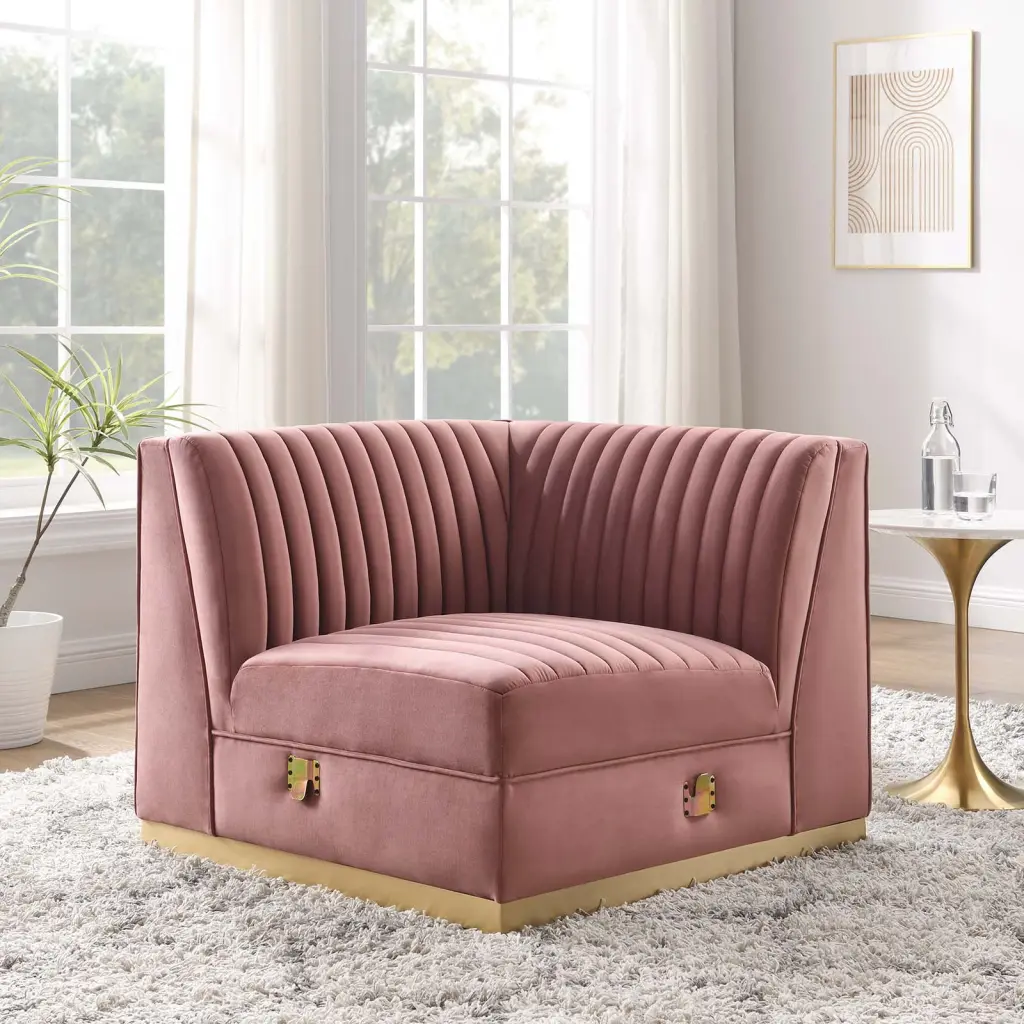 Modway Sanguine Channel Tufted Performance Velvet Modular Sectional Sofa Right Corner Chair Dusty Rose