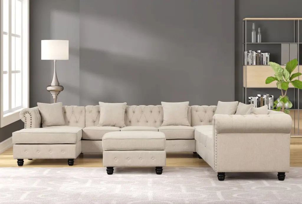 Morden Fort Beige Imitation Chenille U-Shaped Modular Oversized Sectional Sofa Bed Chaise
