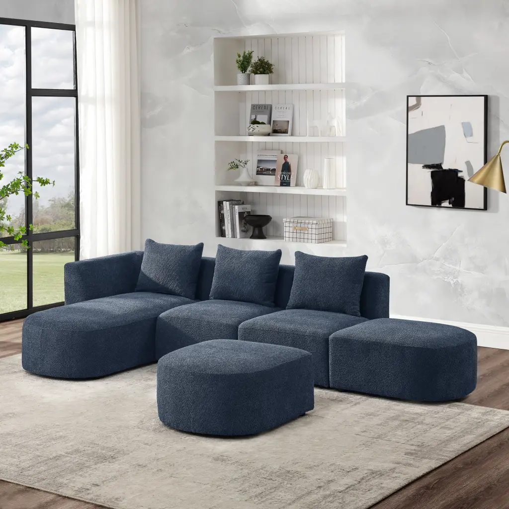 Navy Loop Yarn Fabric L Shape Sectional Sofa Chaise and Ottomans Modular DIY Combination OMCCHK