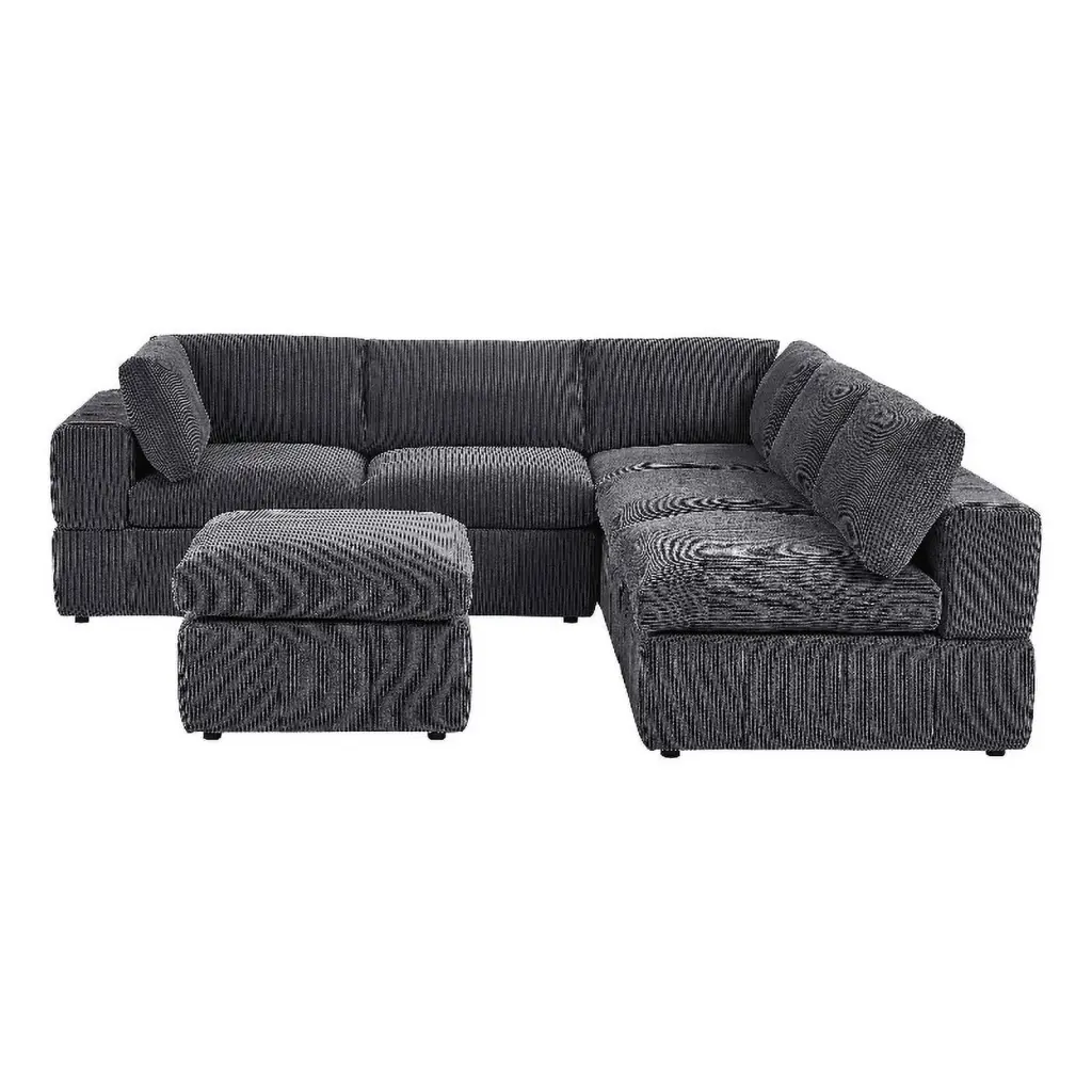 Partner Furniture Corduroy Fabric Modular Sectional Sofa Ottoman Dark Gray