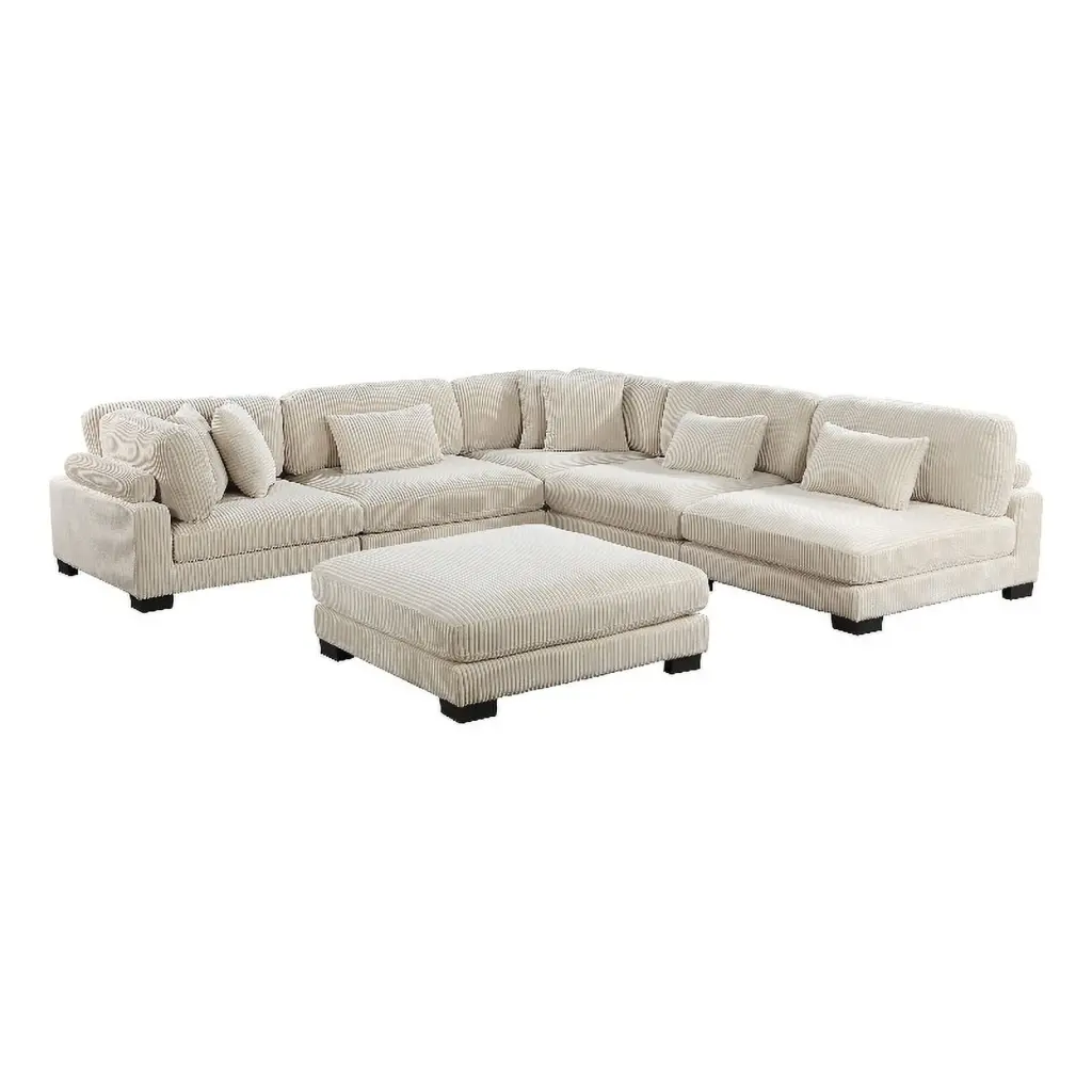 Pemberly Row 6-Piece Beige Corduroy Fabric Modular Sectional Sofa Contemporary Living Room Furniture