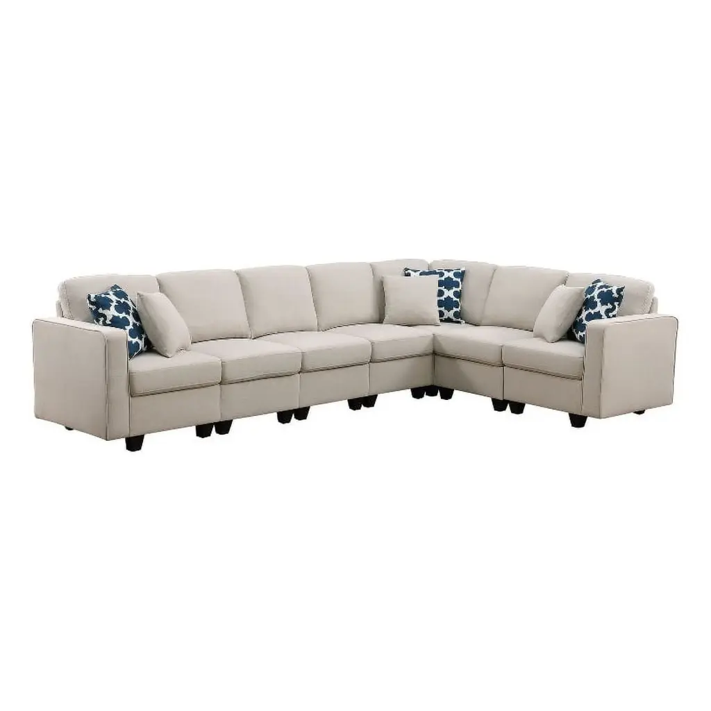 Pemberly Row Reversible Modular Linen Sectional Sofa Beige Modern Style