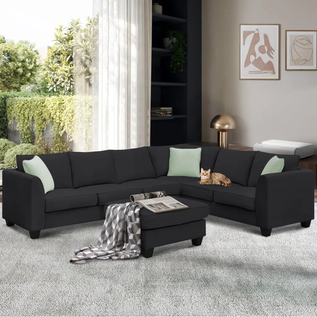 112x87 Sectional Sofa 7 Seats Modular Sofa Ottoman L-Shaped Fabric Couch Set 3 Pillows Black Ponnky