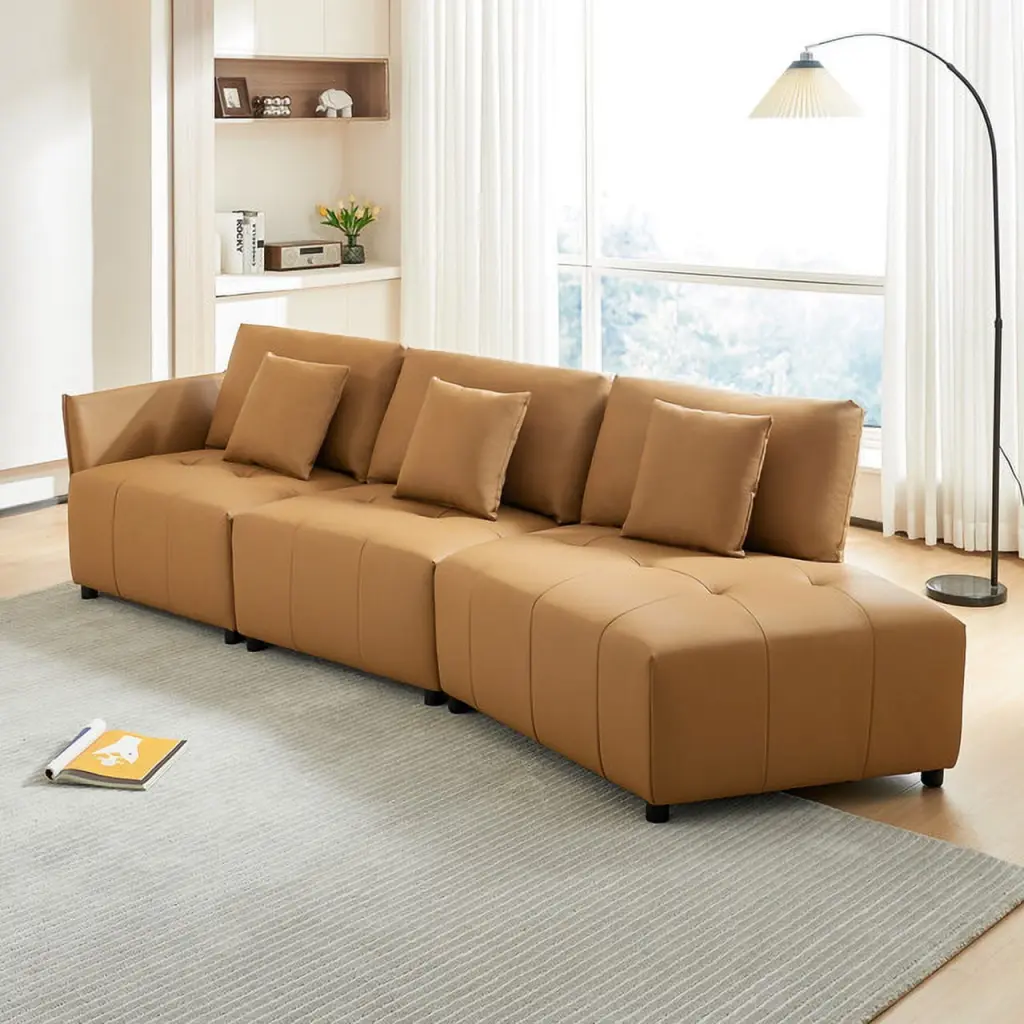 120 Inch Dark Yellow Real Leather Modular Sectional Couch Button Tufted Seat Cushion Modern Design Living Room Apartment P...