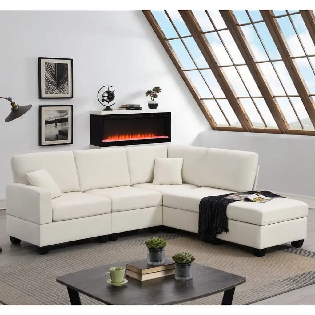 Beige Modern Sectional Sofa 5-Seat Modular Design Convertible Ottoman Living Spaces or Office Ponnky
