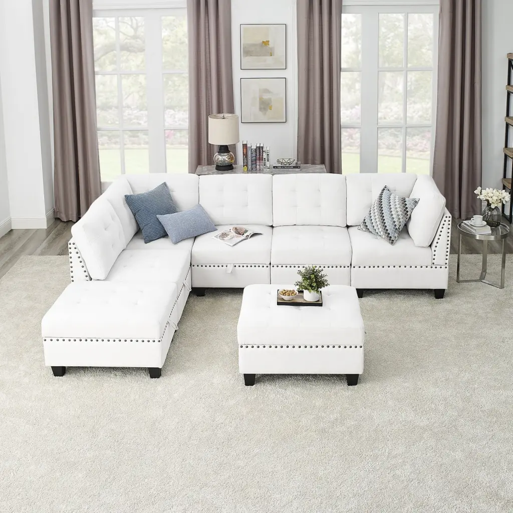 L-Shape Modular Sectional Sofa 3 Single Chairs 2 Corners and 2 Ottomans Ivory Chenille Storage Ponnky