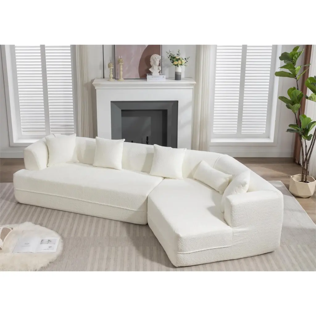Modular Sectional Living Room Sofa Set Modern Minimalist Style Couch Creamy-White Boucle Fabric Upholstered Sleeper Sofa 2...