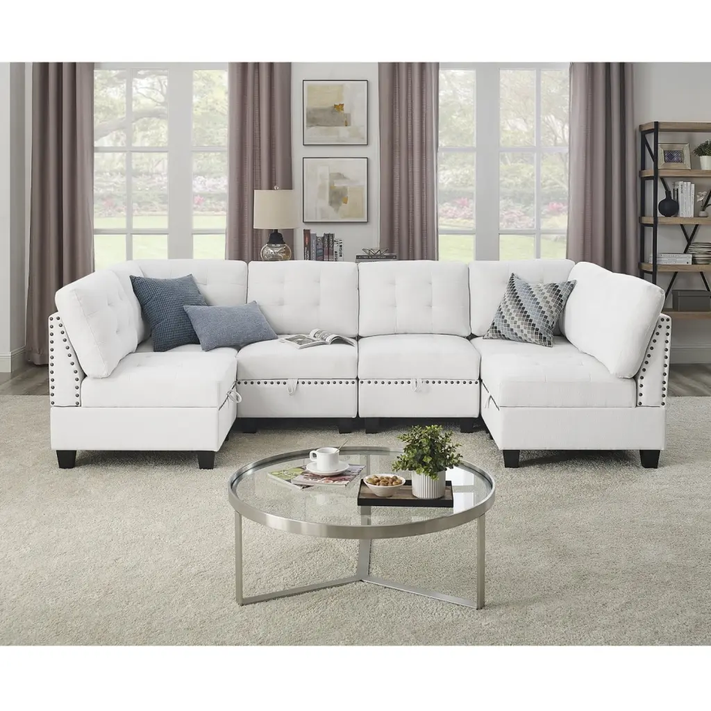 U Shape Modular Sectional Sofa DIY Combination 4 Single Chairs 2 Corners Ivory Chenille Versatile Comfortable Couch Ponnky