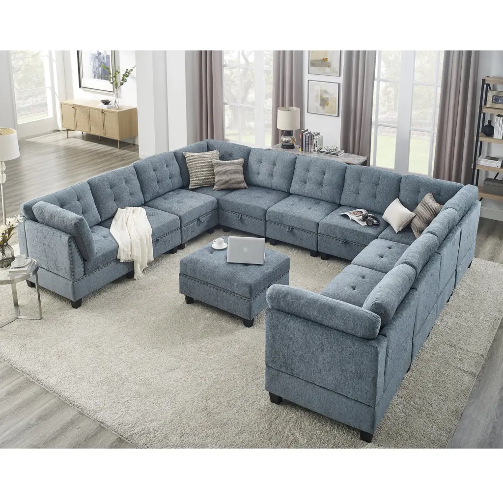 U Shape Modular Sectional Sofa DIY Combination Seven Single Chairs Four Corners and One Ottoman Navy Blue Chenille Sturdy ...