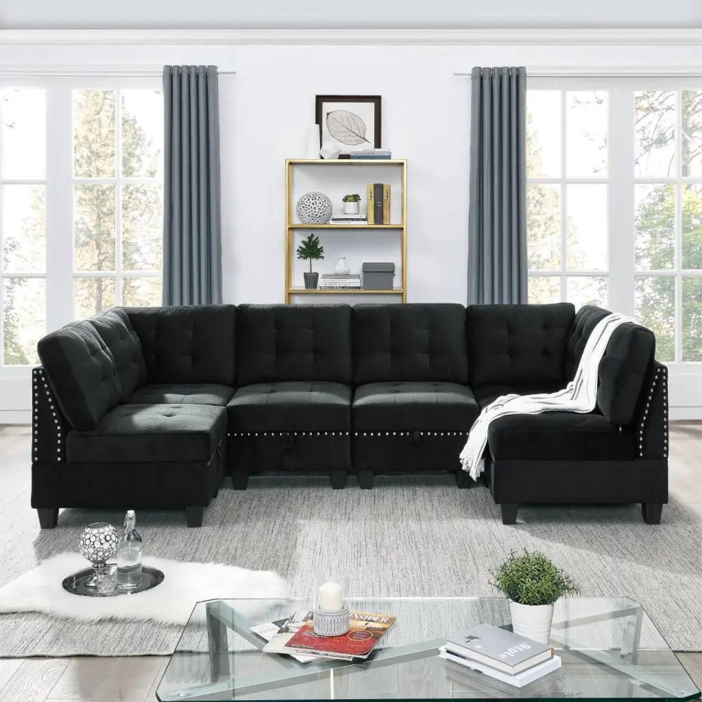 U-Shape Modular Sectional Sofa DIY Combination Four Single Chairs Two Corners Black Velvet Spacious Stylish Ponnky
