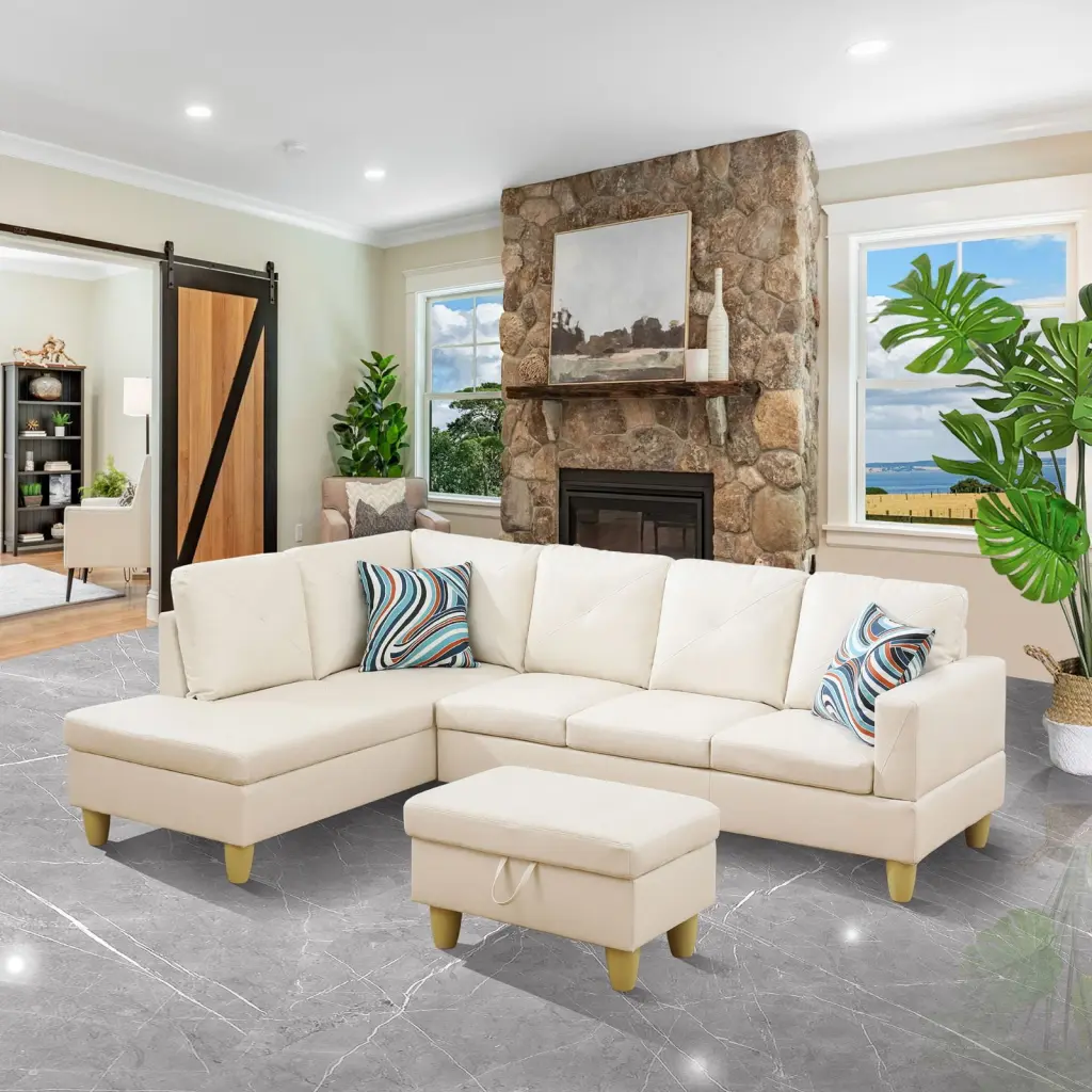 Modular L-Shaped Sectional Sofa Storage and 2 Pillows 4-Seat Sofa Chaise Living Room or Office White Sienwey