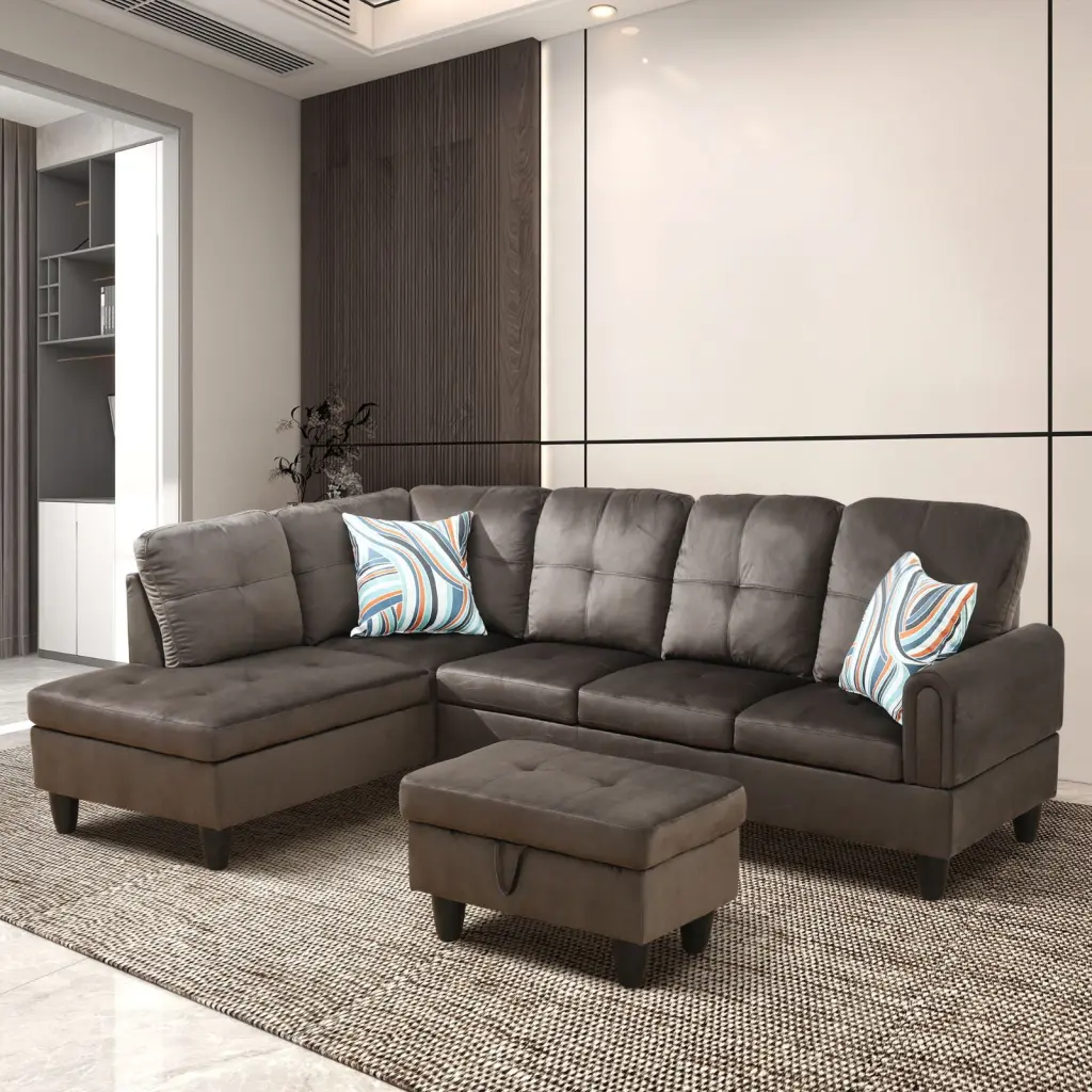 Modular Sectional Sofa L Shaped Storage and 2 Pillows 4 Seat Chaise Living Room Office Gallery Dark Brown Left Chaise Sienwey