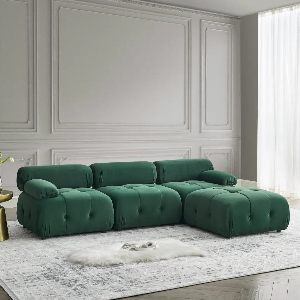 Green Velvet Modular Sectional Sofa Button Tufted L-Shaped Couch DIY Options and Ottoman SNAILF