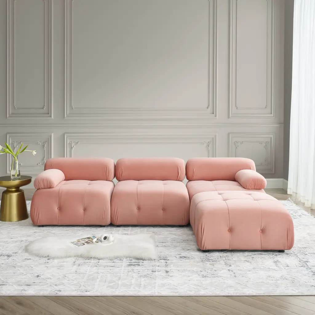 Pink Velvet Modular Sectional Sofa L-Shaped DIY Options and Reversible Ottoman SNAILF