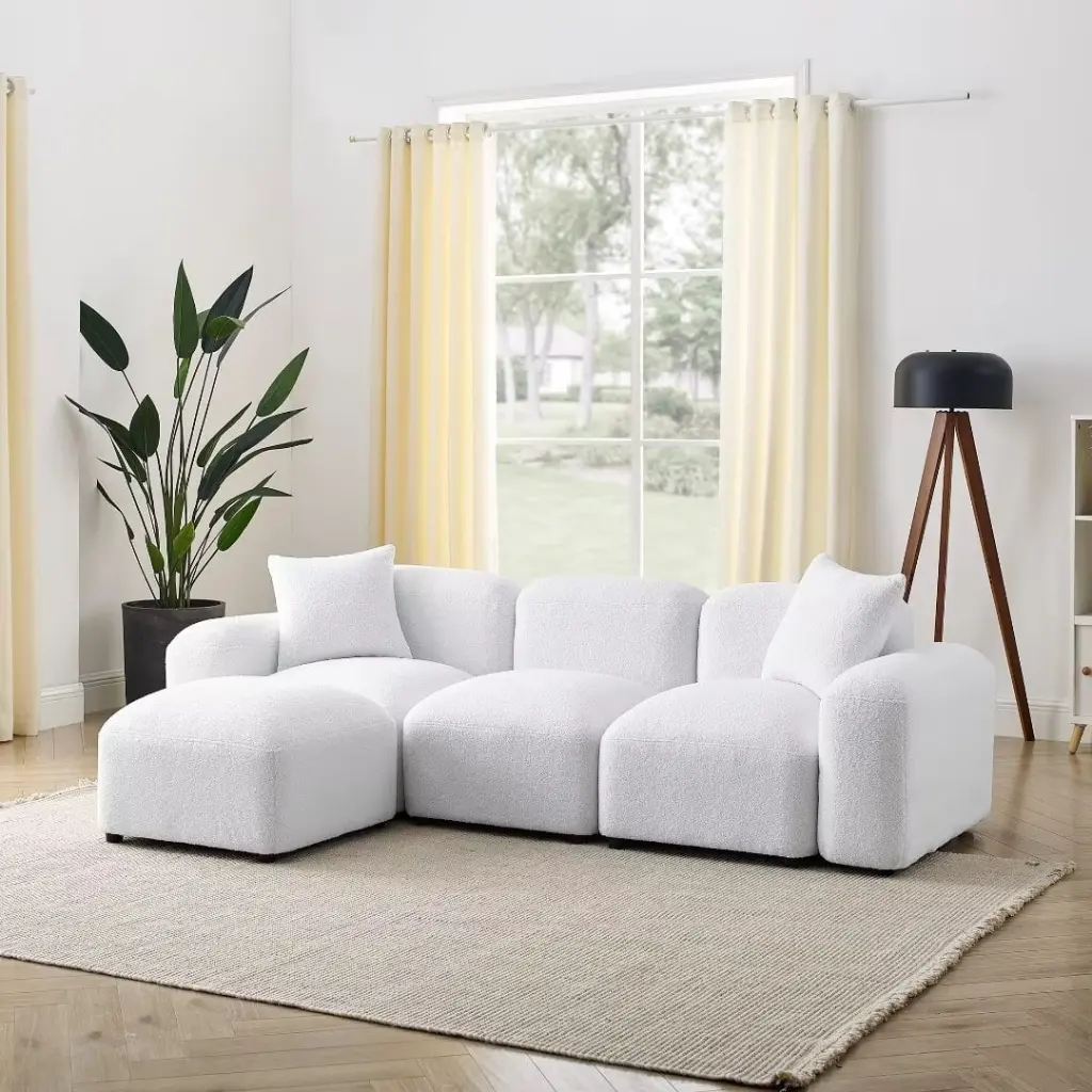 L-Shaped Modular Sectional Sofa Thick Cushion Soft Backrest DIY Combination White Teddy Triple Tree