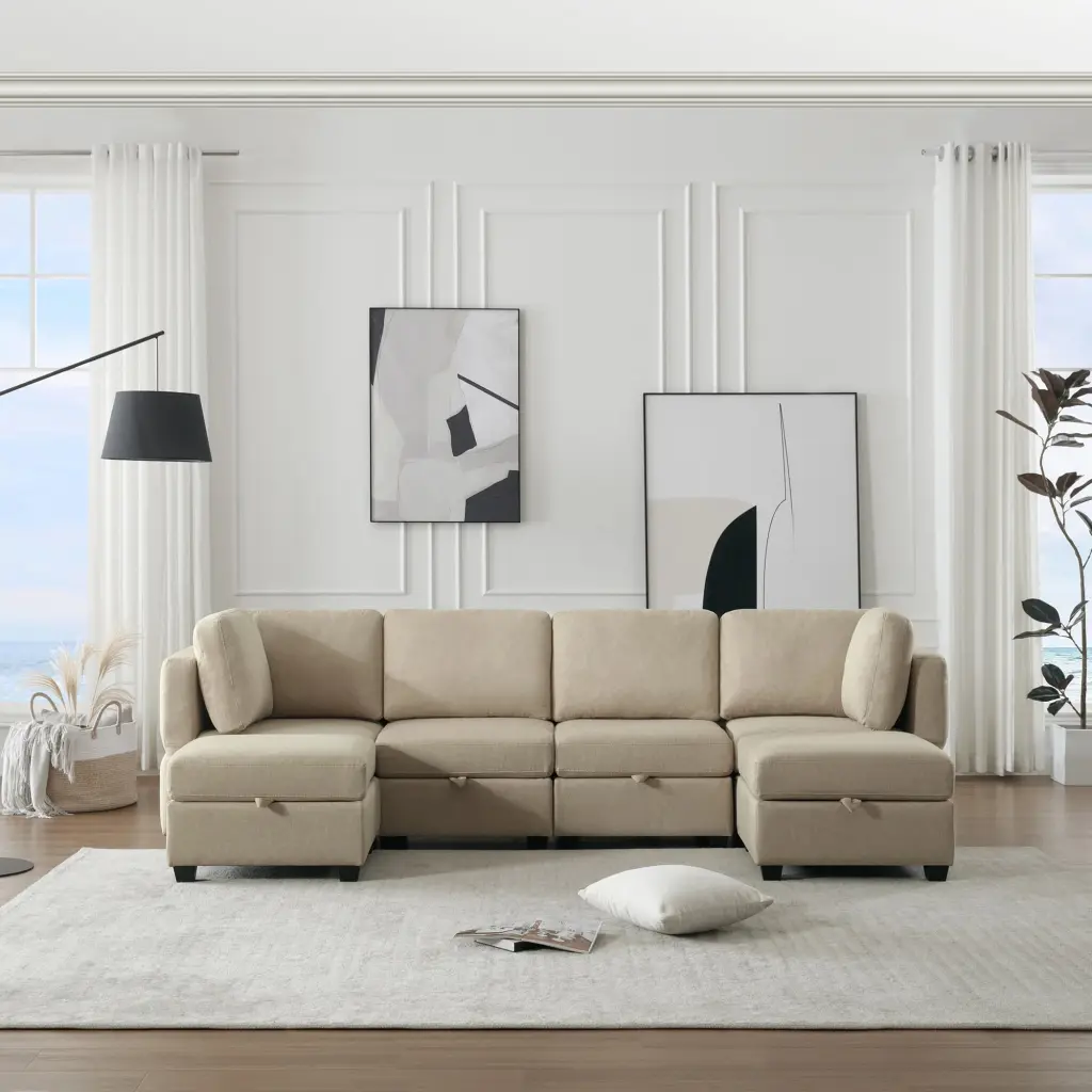 Adjustable Arms Modern U-Shape Linen Modular Sectional Sofa Storage Seat Beige unknown