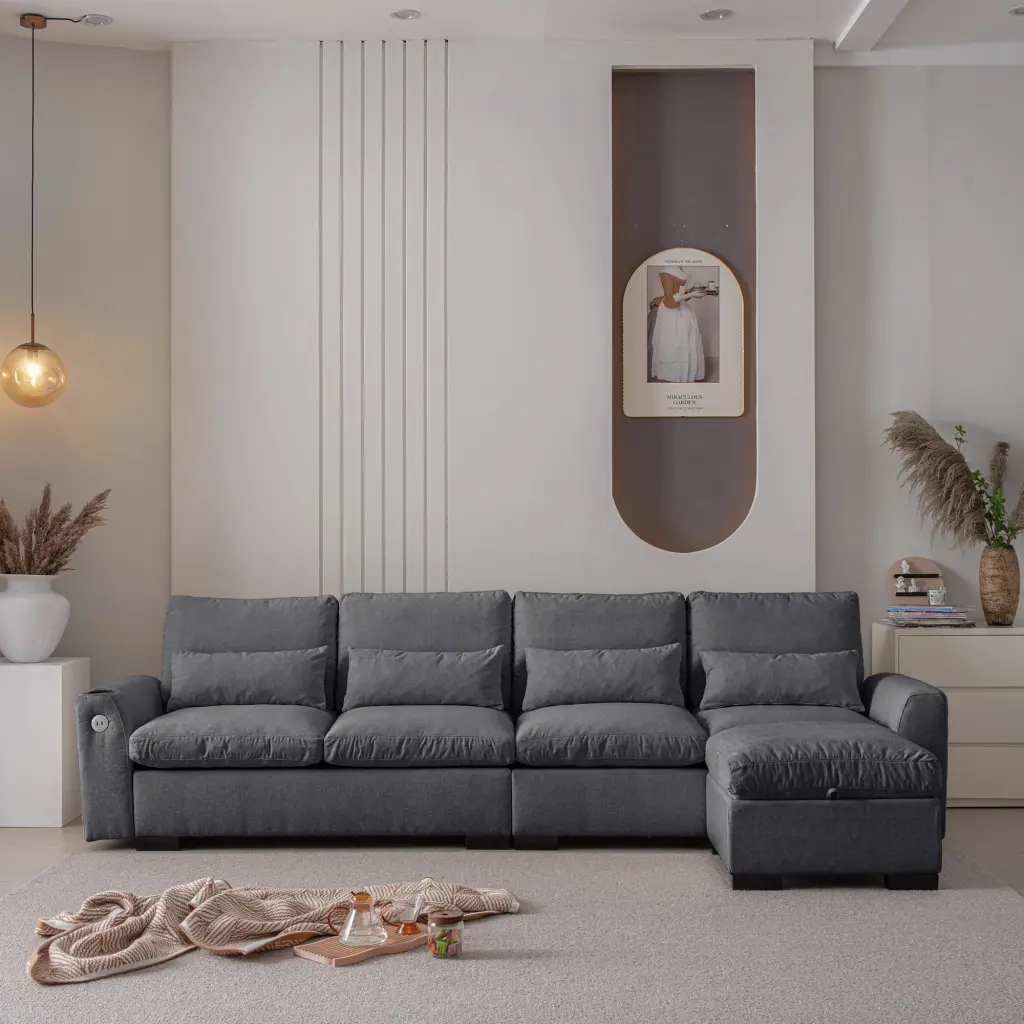 Modern Modular L Shaped Chenille Sofa Couch Reversible Ottoman Storage and USB Ports unknown